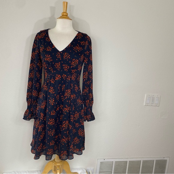 Ann Taylor Navy Red Floral V Neck Long Sleeve Smock Fit Flare Dress Size 2 Tall - Picture 1 of 16